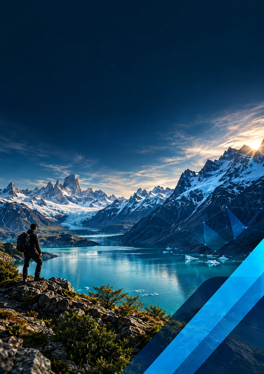 Una persona contempla un lago y las montañas de la Patagonia